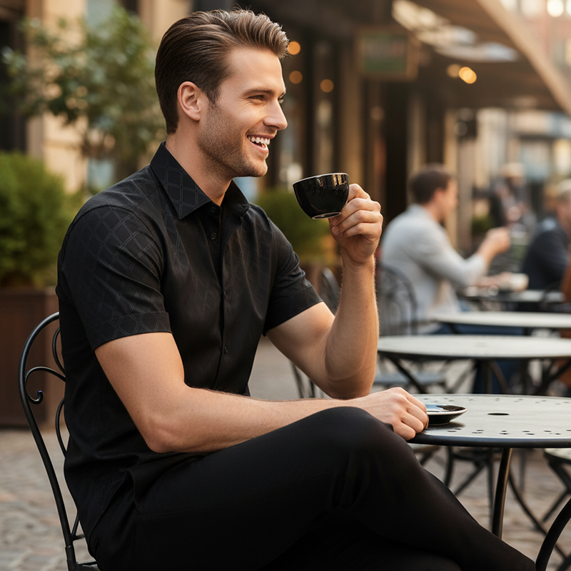 Men's Textured Black Short Sleeve Shirt