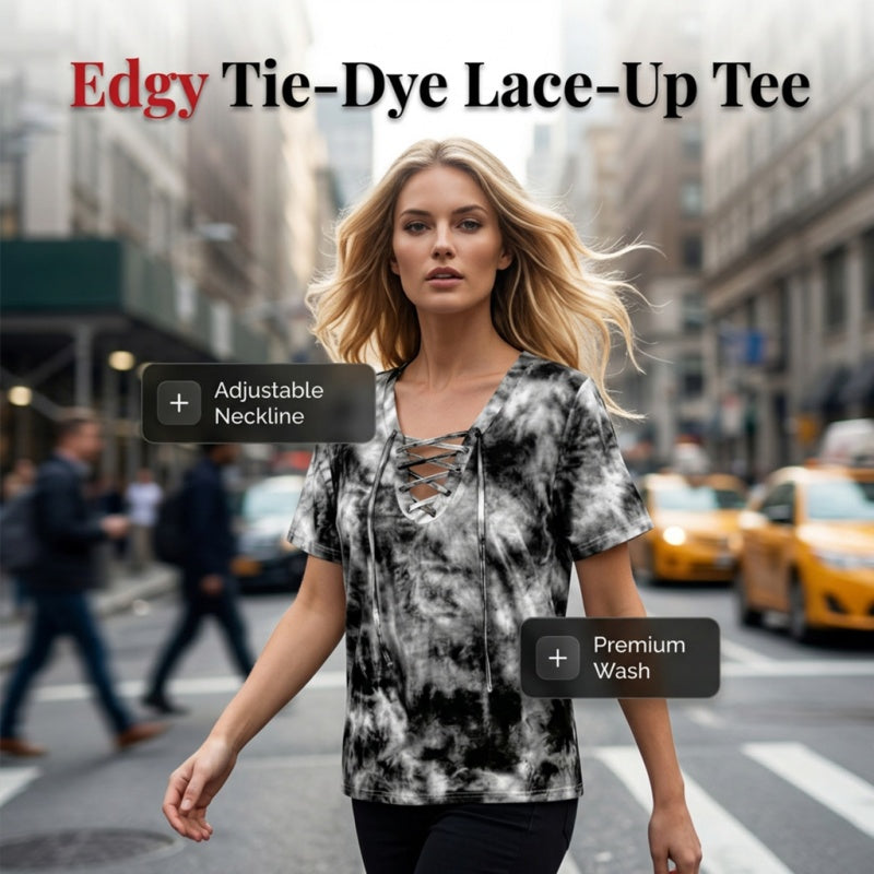 T-shirt da donna con scollo a V, allacciatura e motivo tie-dye