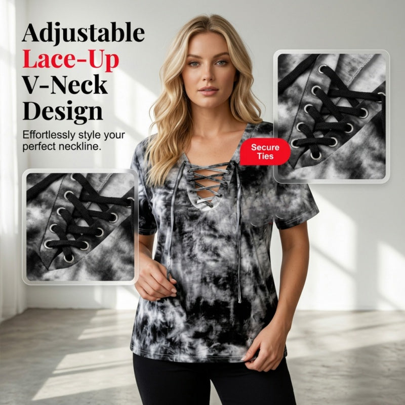 T-shirt da donna con scollo a V, allacciatura e motivo tie-dye