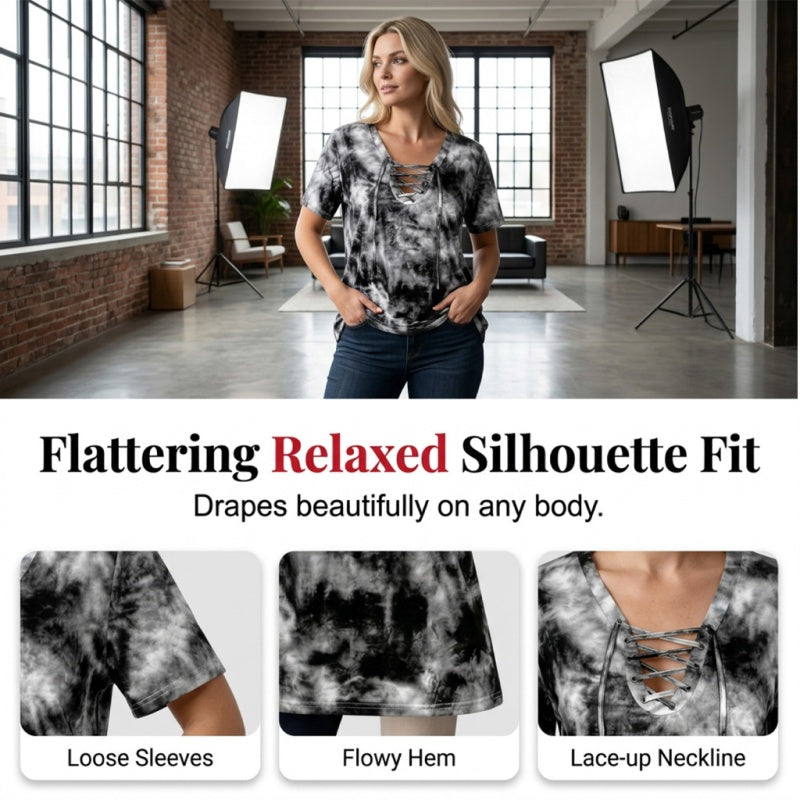 T-shirt da donna con scollo a V, allacciatura e motivo tie-dye