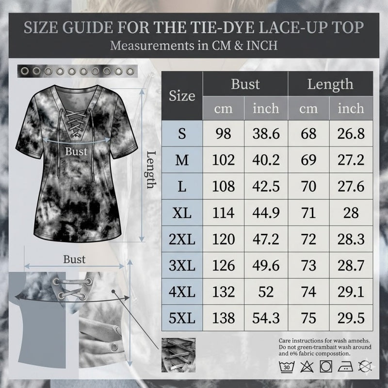 T-shirt da donna con scollo a V, allacciatura e motivo tie-dye