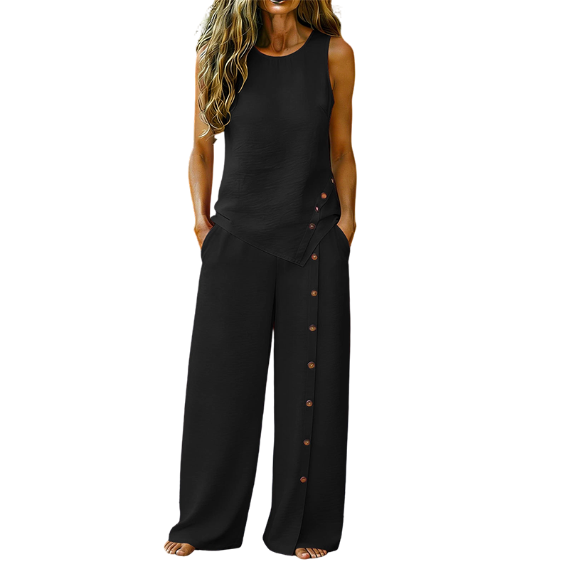 Completo casual da donna con top senza maniche e pantaloni a gamba larga