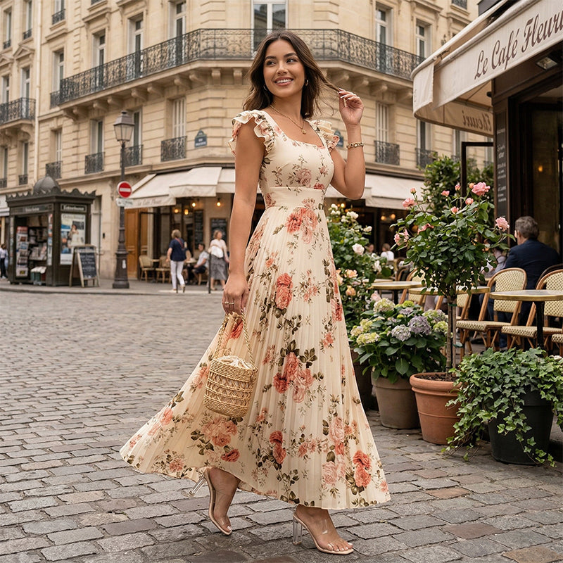 Elegante geplooide maxi-jurk met bloemenprint