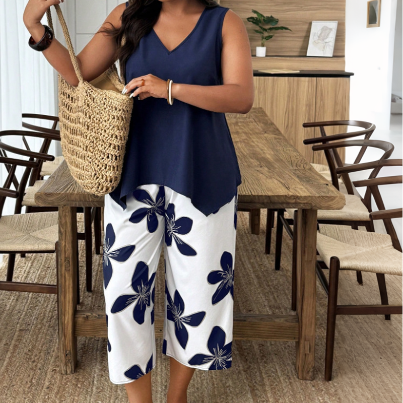Women's Asymmetrical Top & Floral Capri Pants Set