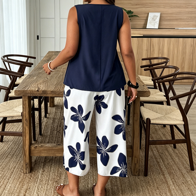 Women's Asymmetrical Top & Floral Capri Pants Set