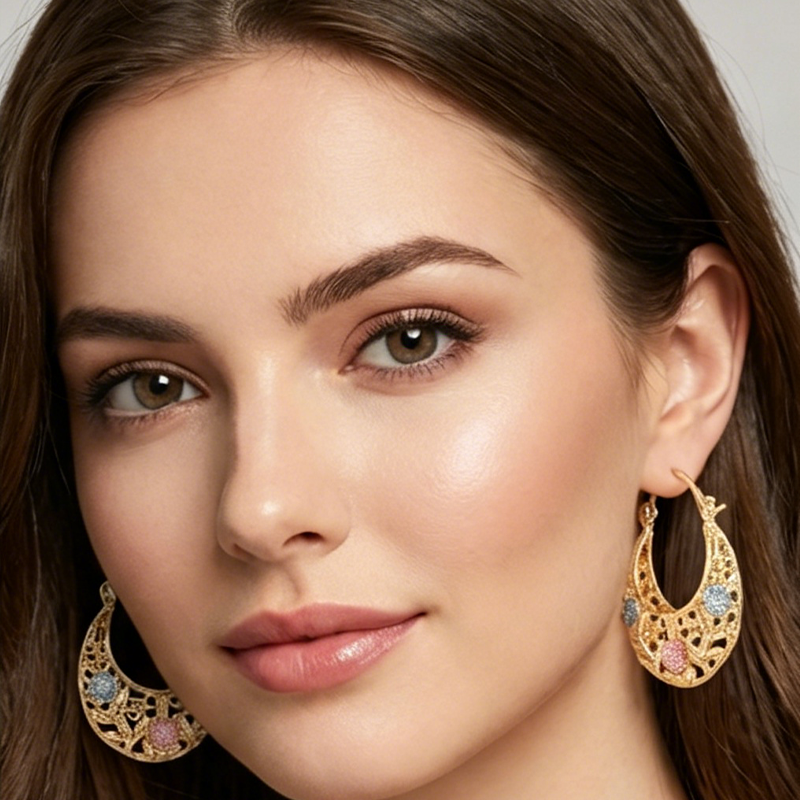 Gold-Plated Crescent Hoop Earrings with Enamel Flowers