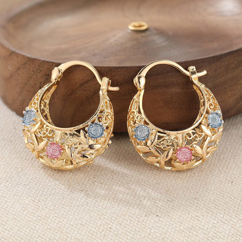 Gold-Plated Crescent Hoop Earrings with Enamel Flowers