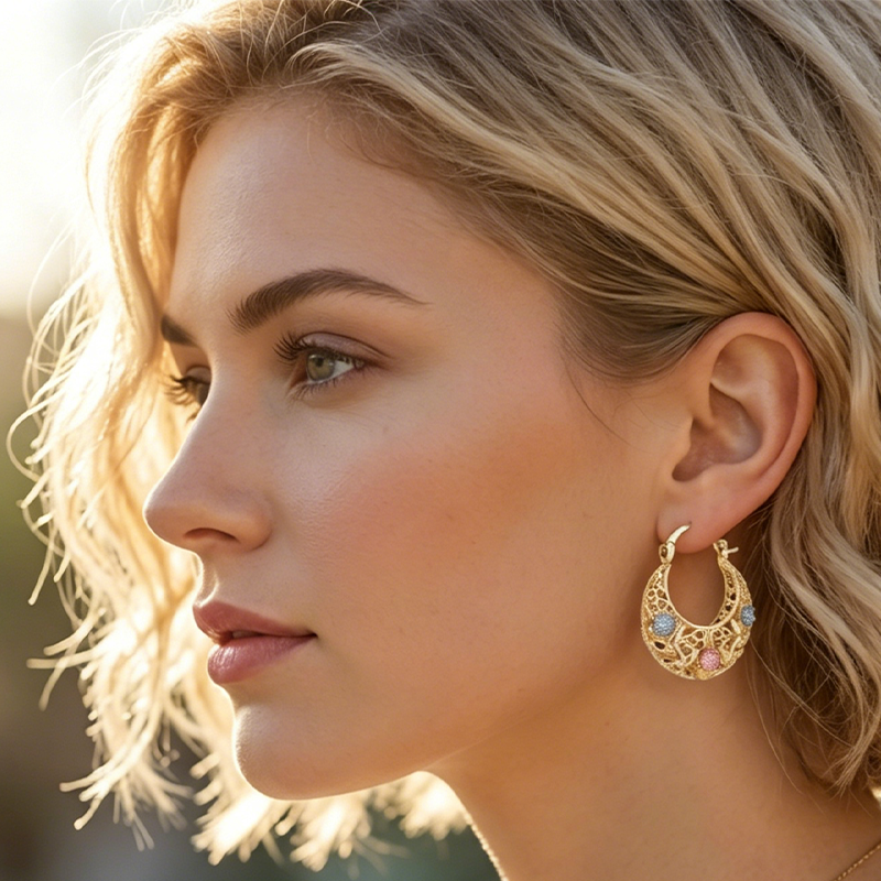 Gold-Plated Crescent Hoop Earrings with Enamel Flowers