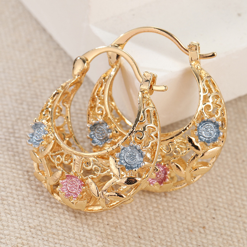 Gold-Plated Crescent Hoop Earrings with Enamel Flowers
