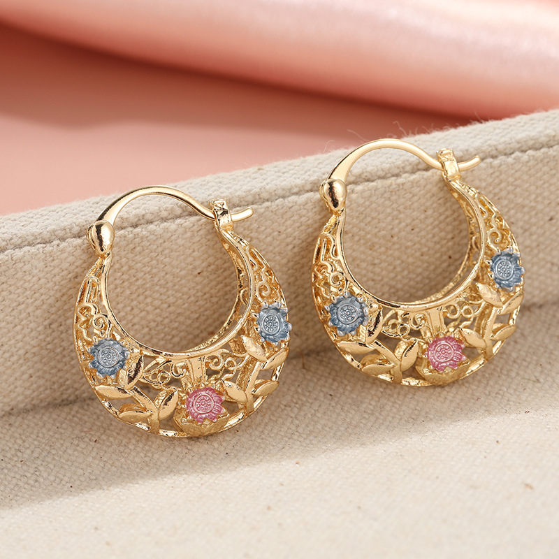 Gold-Plated Crescent Hoop Earrings with Enamel Flowers