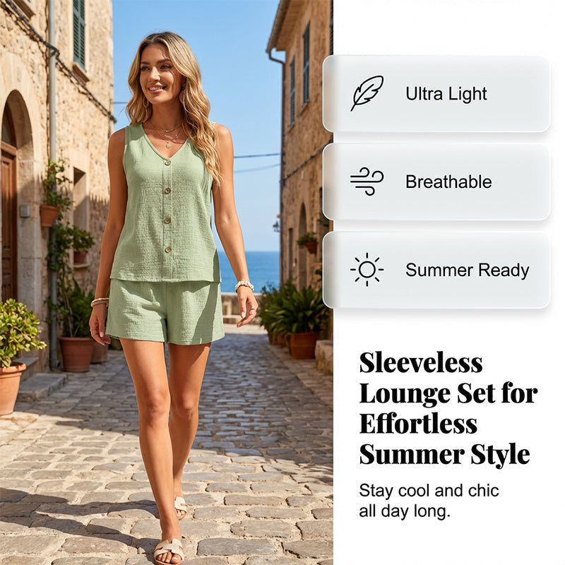 Completo casual da donna a due pezzi, senza maniche e con scollo a V