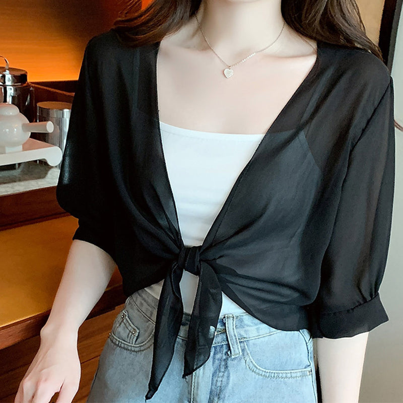 Women's Chiffon Tie-Front Top ¨C Sheer, Cropped & Elegant