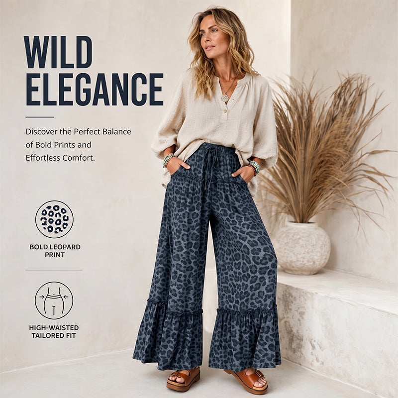 Women's Leopard Print Ruffle Hem Wide-Leg Pants