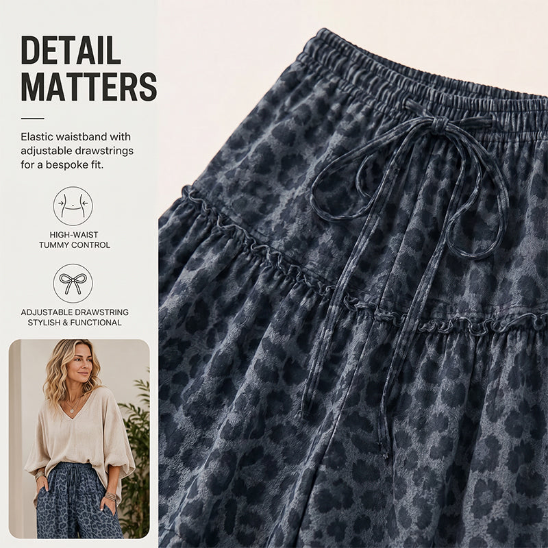 Women's Leopard Print Ruffle Hem Wide-Leg Pants