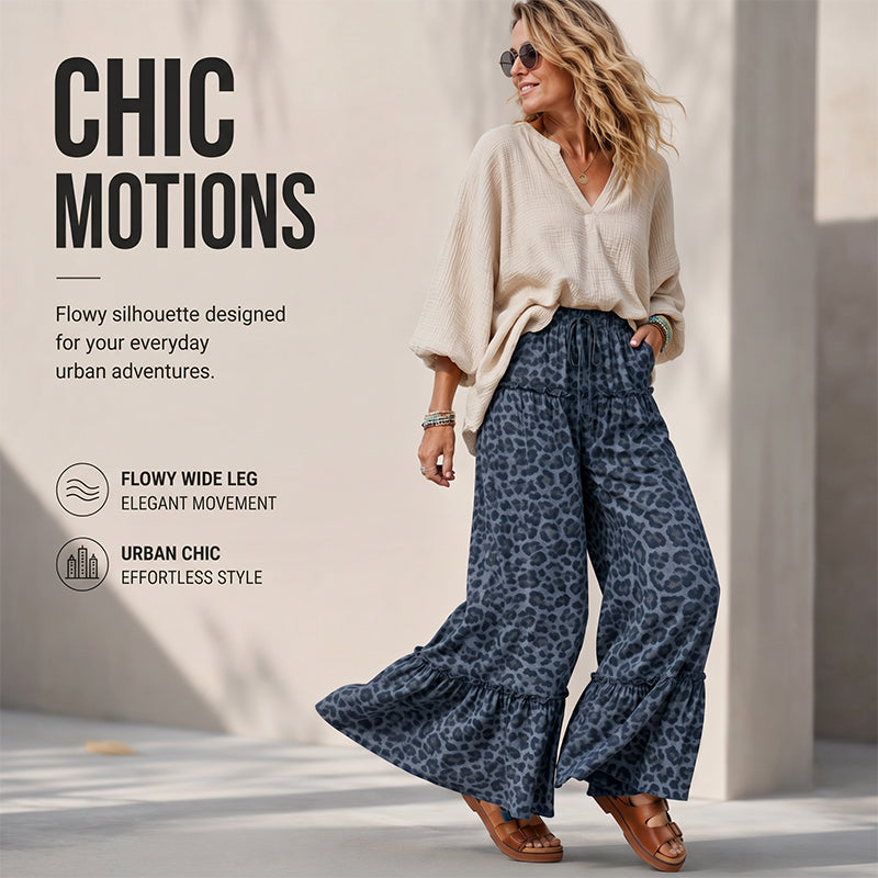 Women's Leopard Print Ruffle Hem Wide-Leg Pants