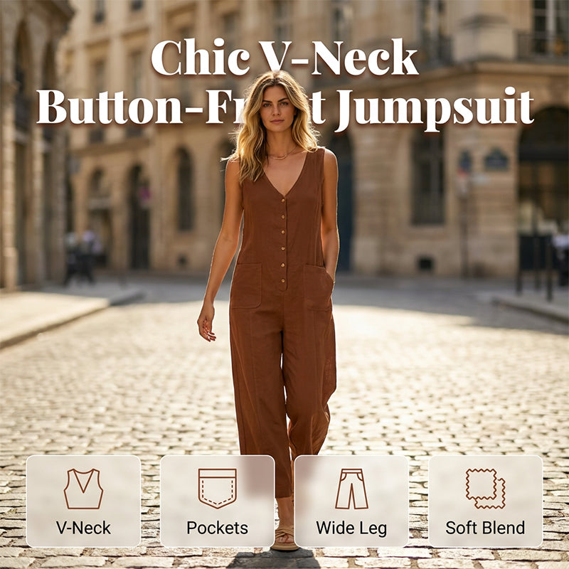 Mouwloze jumpsuit voor dames met V-hals en knoopsluiting aan de voorkant