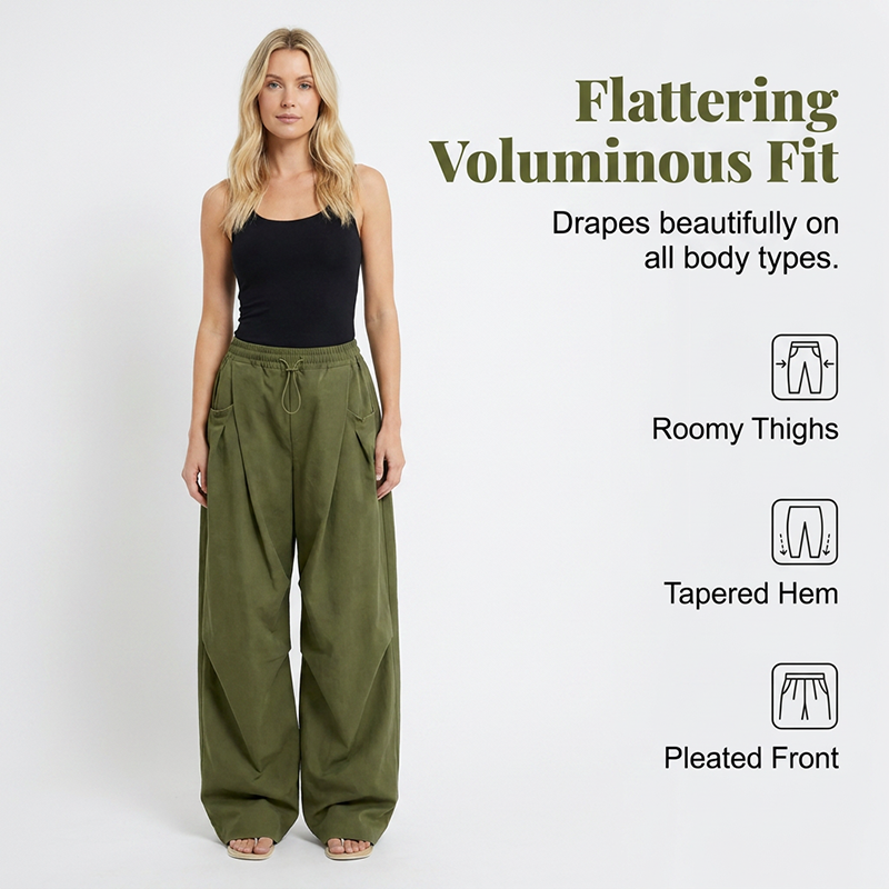 Voluminous Lantern Trousers ¨C Pleated, Drawstring Waist, Pockets