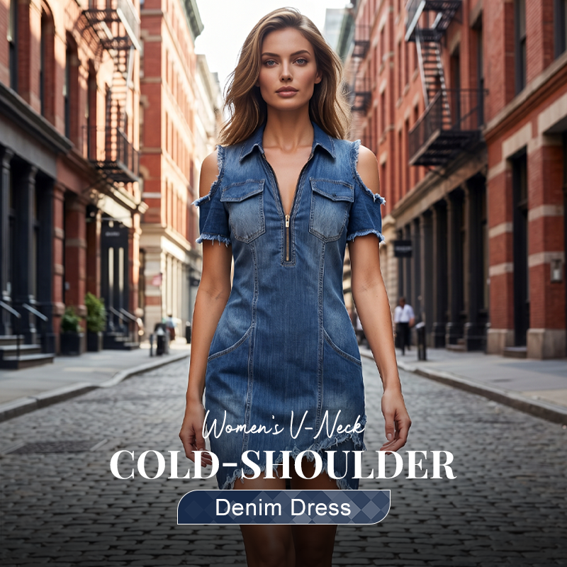 Abito in denim da donna con scollo a V e spalle scoperte