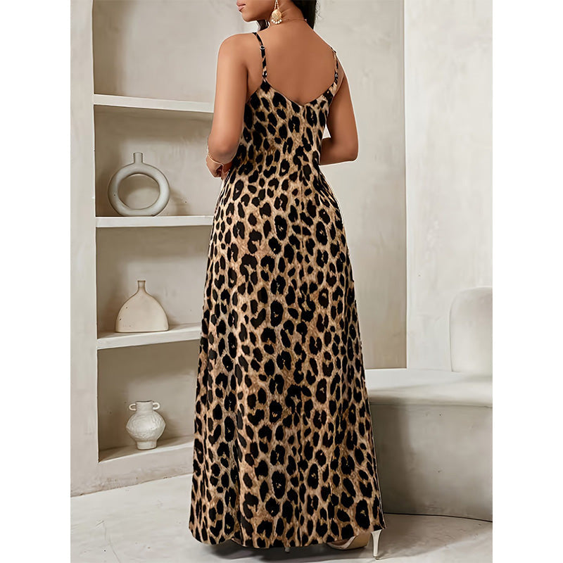 Casual lange zomerstrandjurk met V-hals en dierenprint