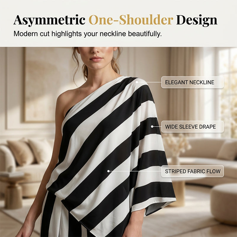 Completo da donna con top a righe asimmetriche e pantaloni a gamba larga