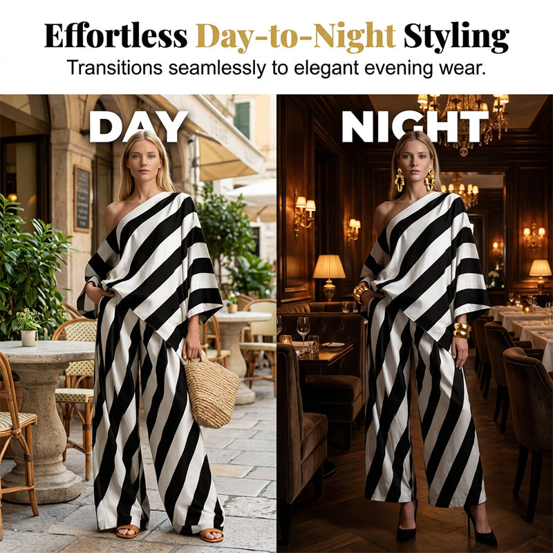 Completo da donna con top a righe asimmetriche e pantaloni a gamba larga