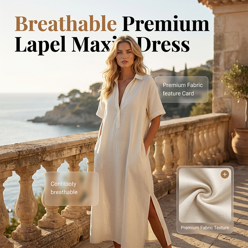 Elegante abito da donna in cotone e lino, a maniche corte e con colletto a revers - Fresco, chic e confortevole