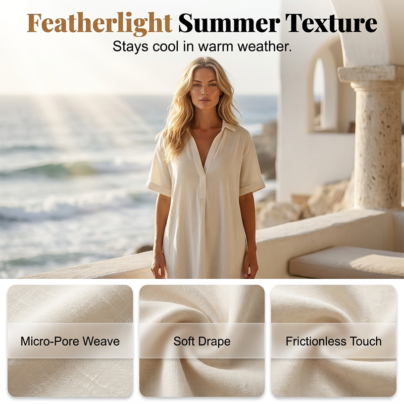Elegante abito da donna in cotone e lino, a maniche corte e con colletto a revers - Fresco, chic e confortevole