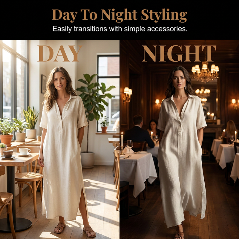 Elegante abito da donna in cotone e lino, a maniche corte e con colletto a revers - Fresco, chic e confortevole