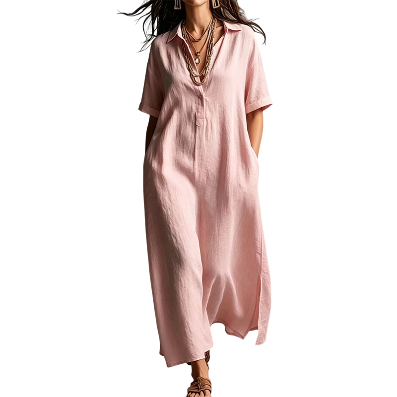Elegante abito da donna in cotone e lino, a maniche corte e con colletto a revers - Fresco, chic e confortevole