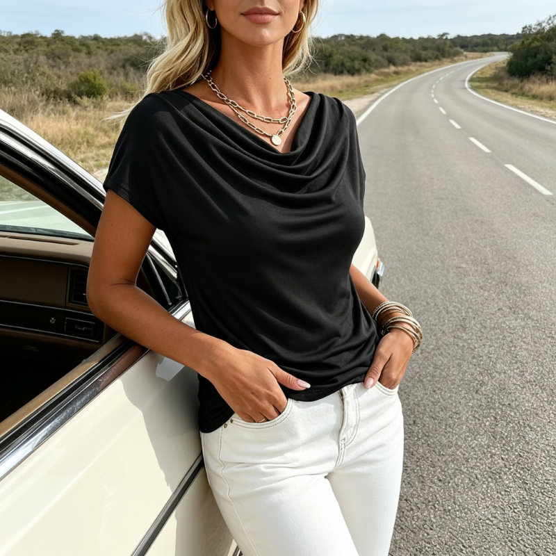 Top para mujer con cuello drapeado y mangas cortas
