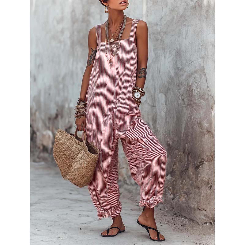 NU casual gestreepte damesjumpsuit met spaghettibandjes