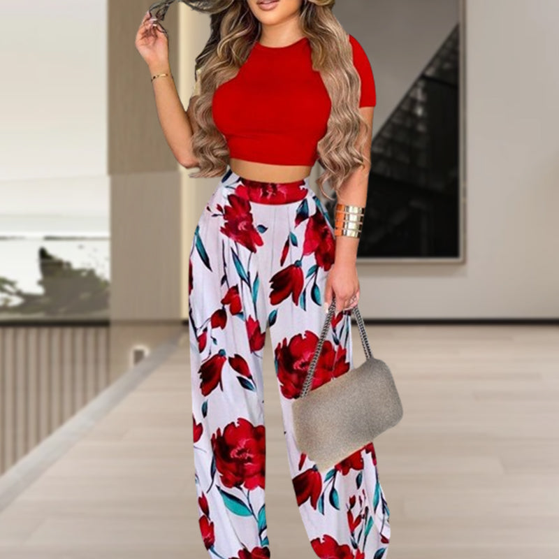 Completo da donna di 2 pezzi ¨C T-shirt aderente, pantaloni ampi, stile casual