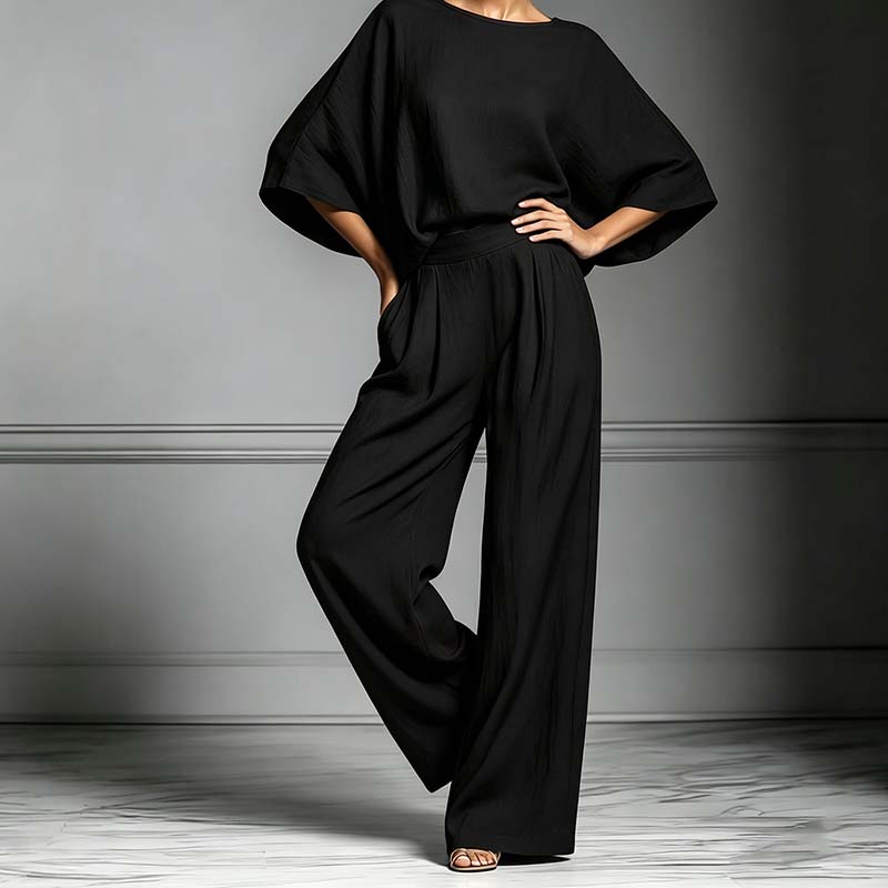 Conjunto de dos piezas para mujer con top de corte holgado y pantalones de pierna ancha