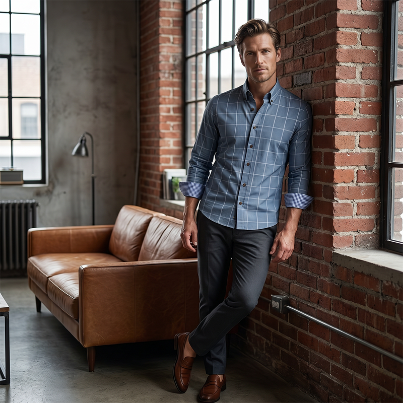 Camicia da uomo dalla vestibilità moderna con motivo a quadri - Dettagli a contrasto, abbottonatura frontale, misto di alta qualità