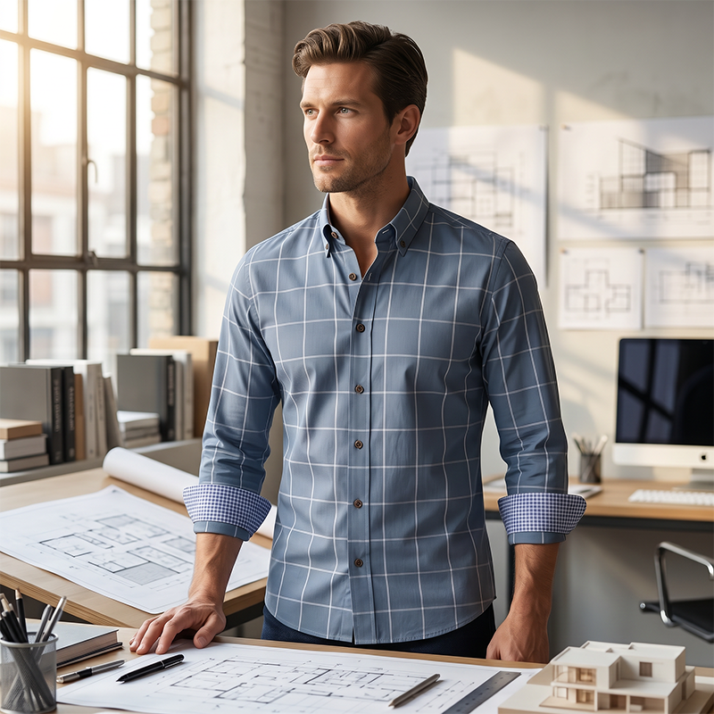Camicia da uomo dalla vestibilità moderna con motivo a quadri - Dettagli a contrasto, abbottonatura frontale, misto di alta qualità