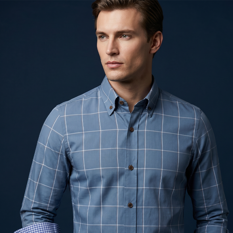 Camicia da uomo dalla vestibilità moderna con motivo a quadri - Dettagli a contrasto, abbottonatura frontale, misto di alta qualità