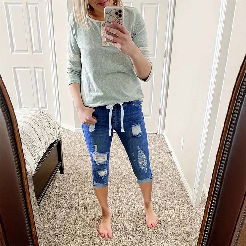 Women's Distressed Drawstring Denim Capri Pants