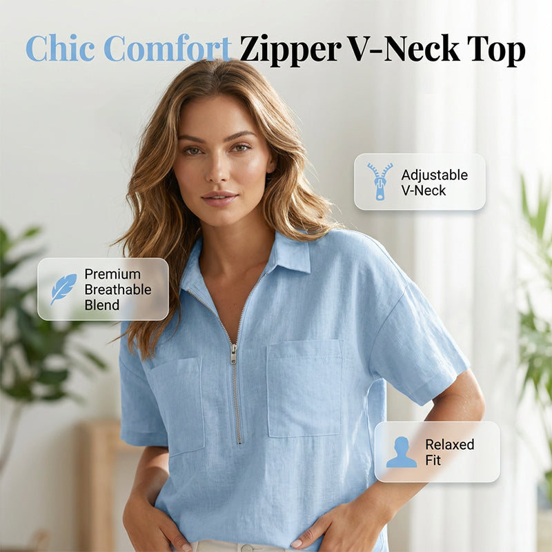 Top informal de manga corta con cuello en V y cremallera para mujer