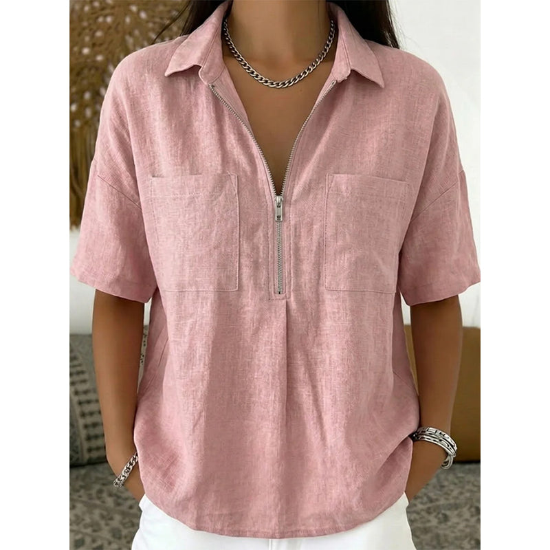 Top informal de manga corta con cuello en V y cremallera para mujer