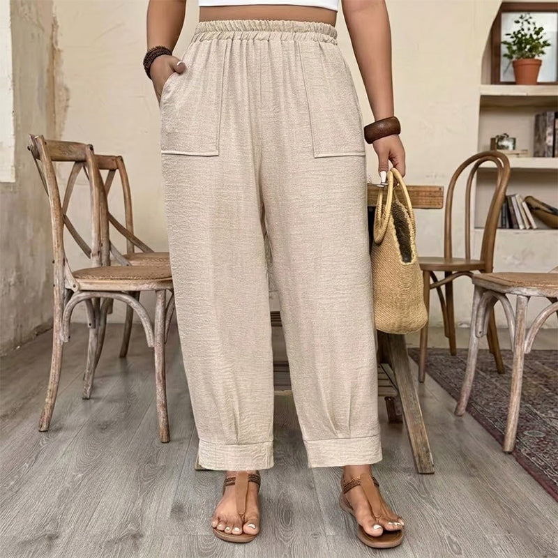 Pantalones de mujer tobilleros con vuelta ¨C corte holgado, cintura elástica y colores lisos