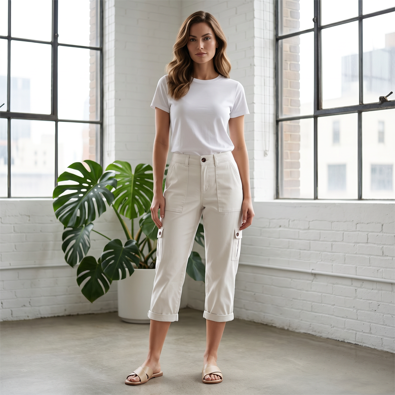 Pantalones capri cargo femeninos informales con bolsillos