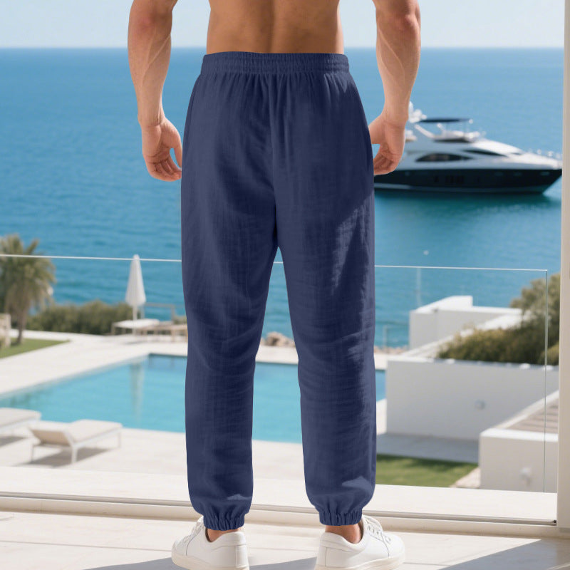 Pantaloni casual da uomo in misto lino con coulisse