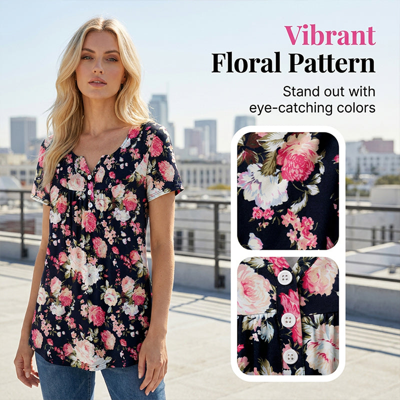 Camiseta femenina informal, holgada, floral y abotonada
