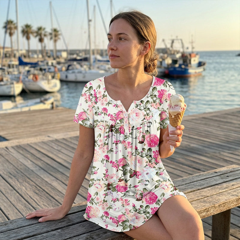 Camiseta femenina informal, holgada, floral y abotonada