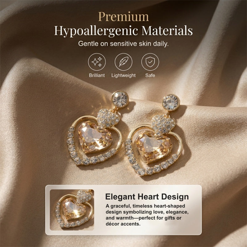 Pendientes colgantes con doble corazón brillante para mujer