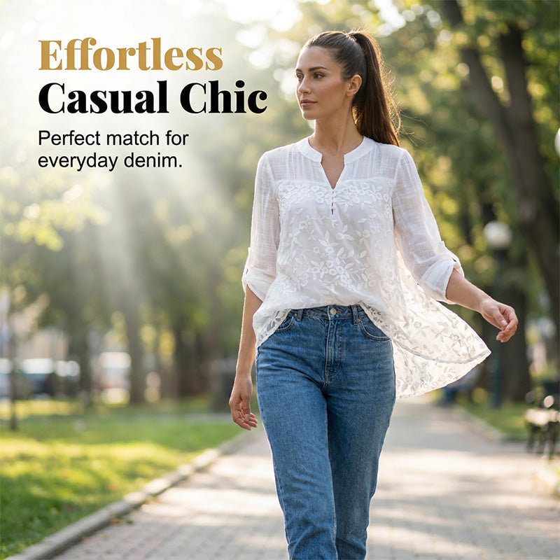 Blusa con panel de encaje y escote en V - bordada, con mangas remangables y estilo desenfadado