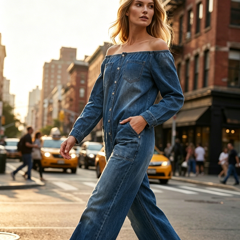 Denim jumpsuit met wijde pijpen en blote schouders