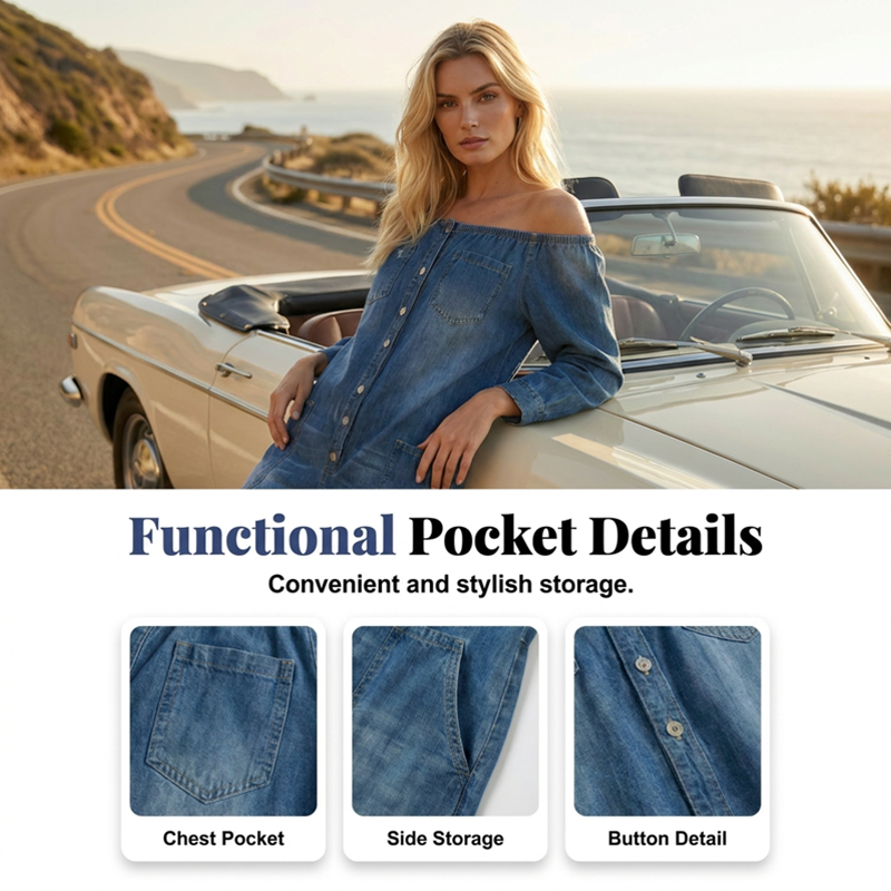 Denim jumpsuit met wijde pijpen en blote schouders