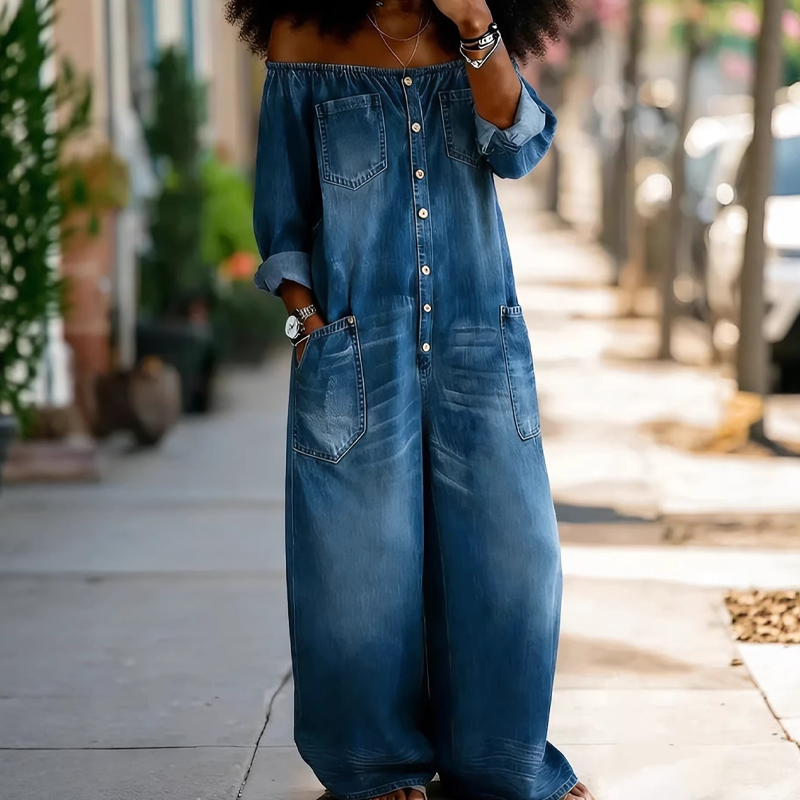 Denim jumpsuit met wijde pijpen en blote schouders