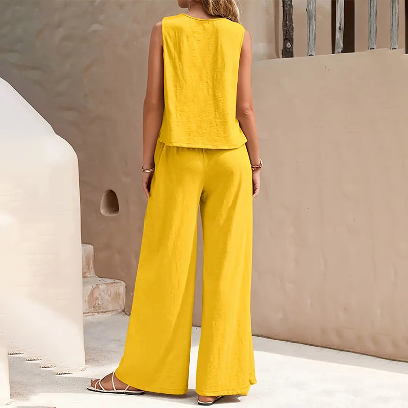 Set met mouwloze top en broek met wijde pijpen in effen kleur